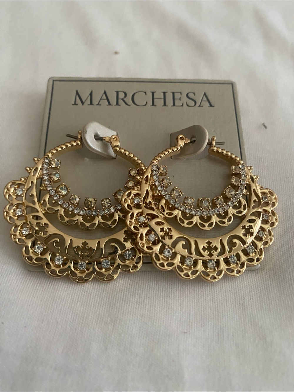 Marchesa Gold Filigree Hoop Earrings with Crystal Accents